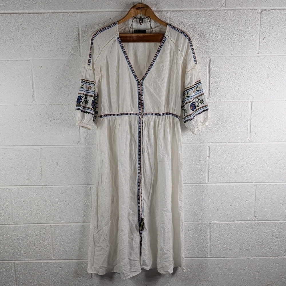 Zara Dress Womens S White Embroidered Floral Button Up Kaftan Midi Tunic Beach